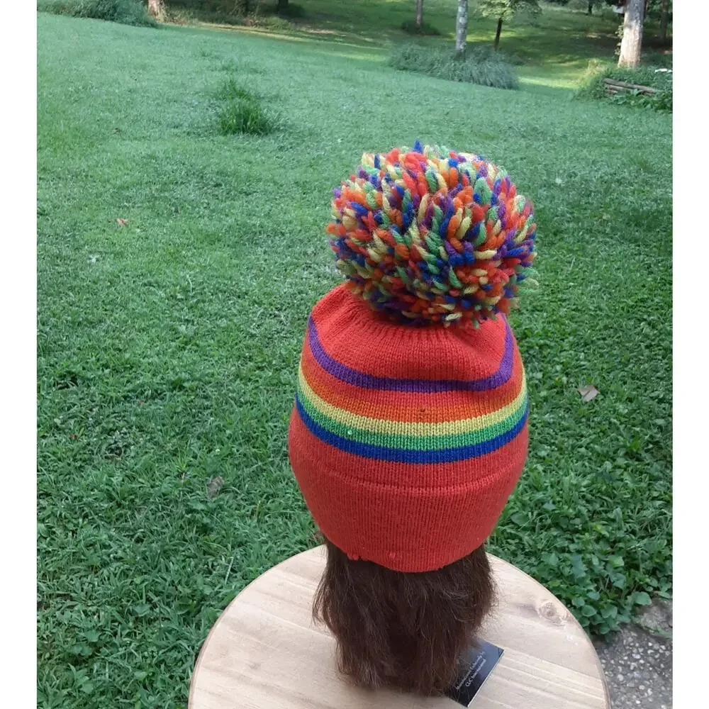 CB Pom Pom Knit Toboggan Stripes Orange/Vibrant Colors Distressed small